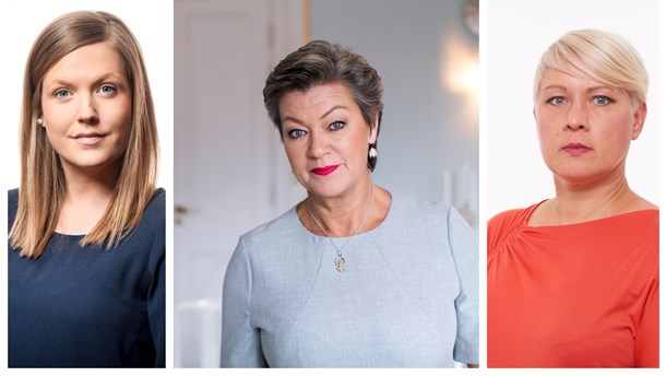 Från vänster: Emelie Nordström, Svenskt näringsliv, arbetsmarknadsminister Ylva Johansson (S) och Ulrika Vedin, LO.