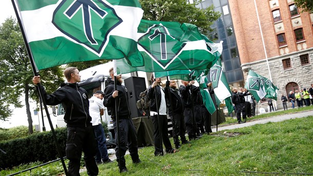 Nordiska motståndsrörelsen (NMR) under en demonstration på Kungsholmstorg i Stockholm, 25 augusti 2018.