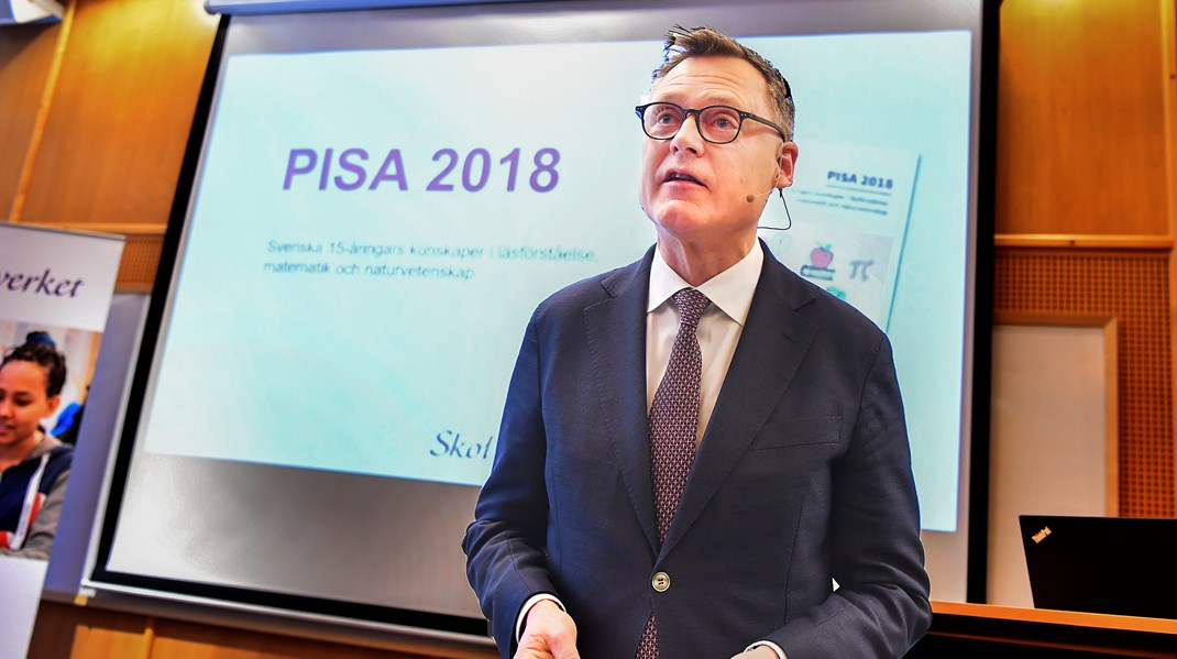 Skolverkets nuvarande generaldirektör Peter Fredriksson vid presentationen av Pisarapporten 2018. ”Varken Skolverket eller regeringen har säkerställt att de tveksamheter kring exkluderingar av elever som har framkommit utreddes ordentligt.”