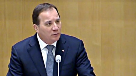 Statsminister Stefan Löfven (S) under partiledardebatten. 