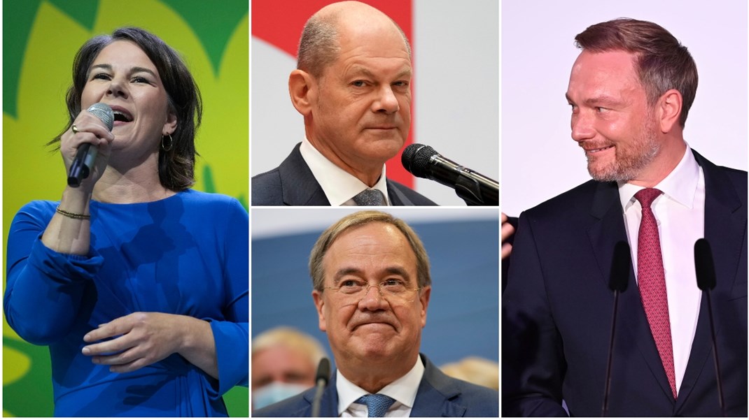 Olaf Scholz  och Armin Laschet (i mitten) vill bli Tysklands nästa kansler. Men det är Anna-Lena Baerbocks (t.v.) De gröna och Christian Lindners (t.h.) FDP som avgör.