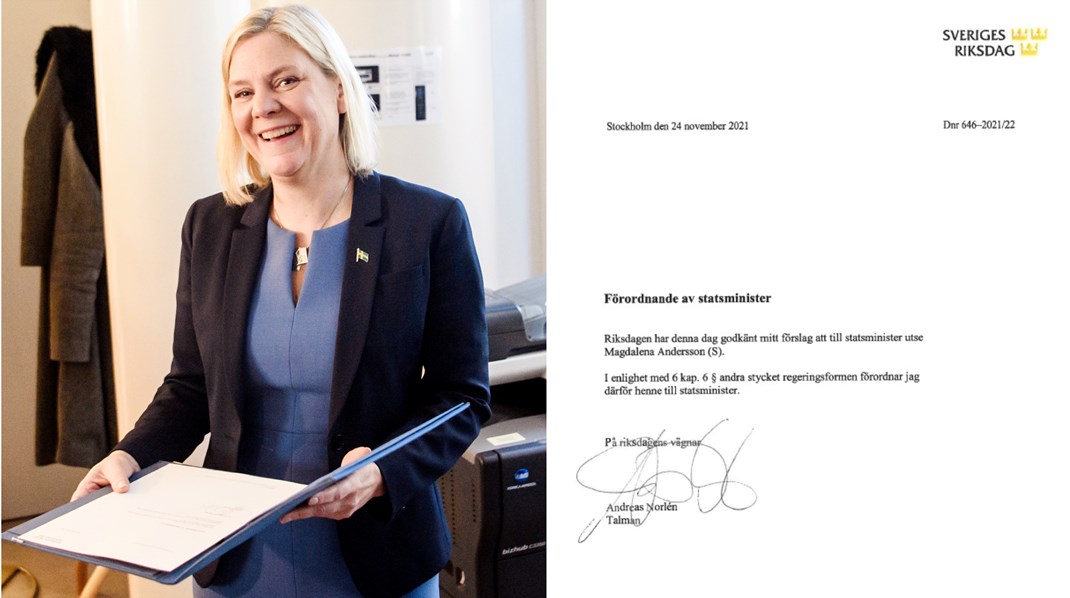 Tidigare statsminister Magdalena Andersson, av allt att döma med sitt förordnande från i onsdags i hand. 