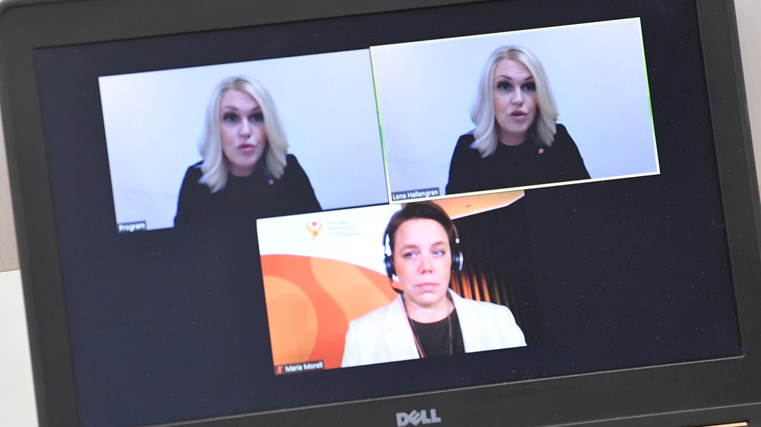 Överst socialminister Lena Hallengren (S) och under Marie Morell (M), ordförande för SKR:s sjukvårdsdelegation på en digital pressträff där de presenterade årets överenskommelser mellan regeringen och SKR om satsningar på sjukvården.