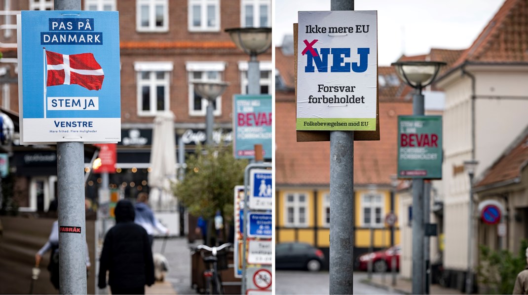 Valplakat inför folkomröstningen gällande det danska försvarsförbehållet på Store Torv i Rönne på Bornholm. 