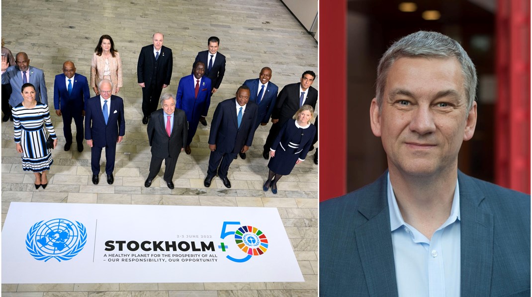 Gruppbild med bl.a kronprinsessan Victoria, kung Carl Gustaf, FN:s generalsekreterare António Guterres, Kenyas president Uhuru Kenyatta och statsminister Magdalena Andersson vid FNs klimatmöte Stockholm +50. 