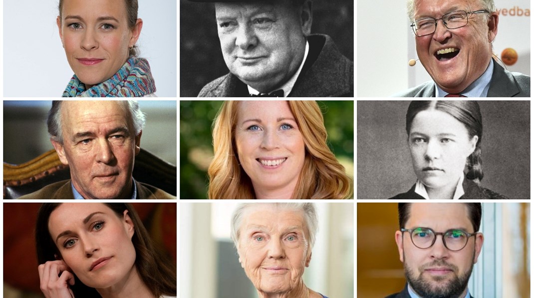 Vem tar vem? Uppifrån, från höger: Maria Wetterstrand, Winston Churchill, Göran Persson, CH Hermansson, Annie Lööf (C), Selma Lagerlöf, Sanna Marin (SDP), Barbro Westerholm (L) och Jimmie Åkesson (SD).