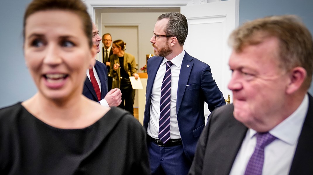 Statsminister Mette Frederiksen, vice statsminister och försvarsminister Jakob Ellemann-Jensen och utrikesminister Lars Løkke Rasmussen.