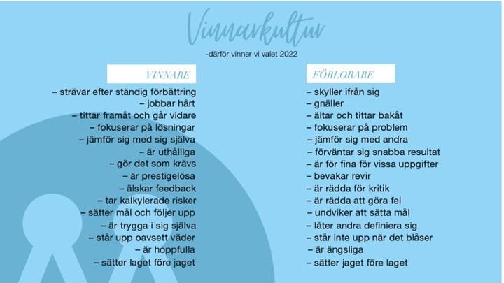 Lista som definierar vinnar- respektive förlorarkultur i ett parti, enligt Moderaternas valanalysgrupp.