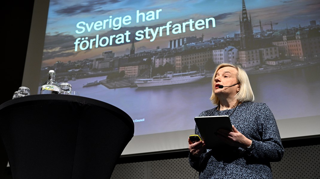 Klimatpolitiska rådets ordförande Cecilia Hermansson vid onsdagens presentation av rådets årliga granskning.