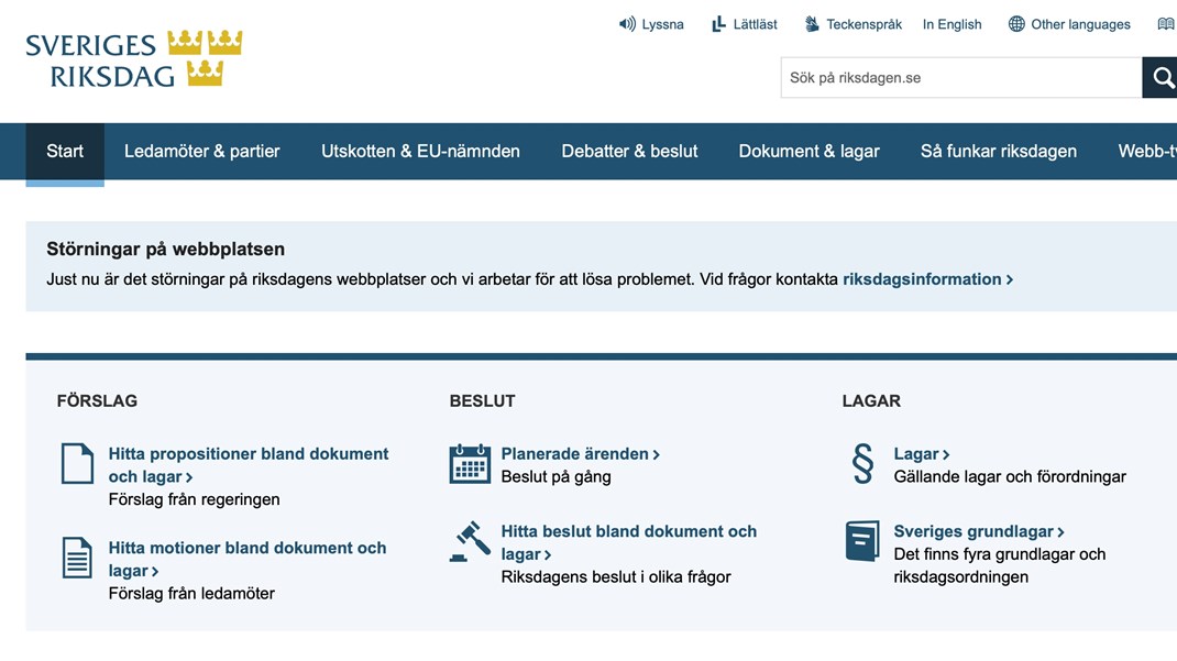 Riksdagens hemsida utsatt för belastningsattack