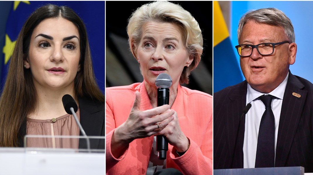 Kulturminister Parisa Liljestrand (M), EU-kommissionens ordförande Ursula von der Leyen och kommissionären med ansvar för sysselsättning och sociala rättigheter Nicolas Schmit.