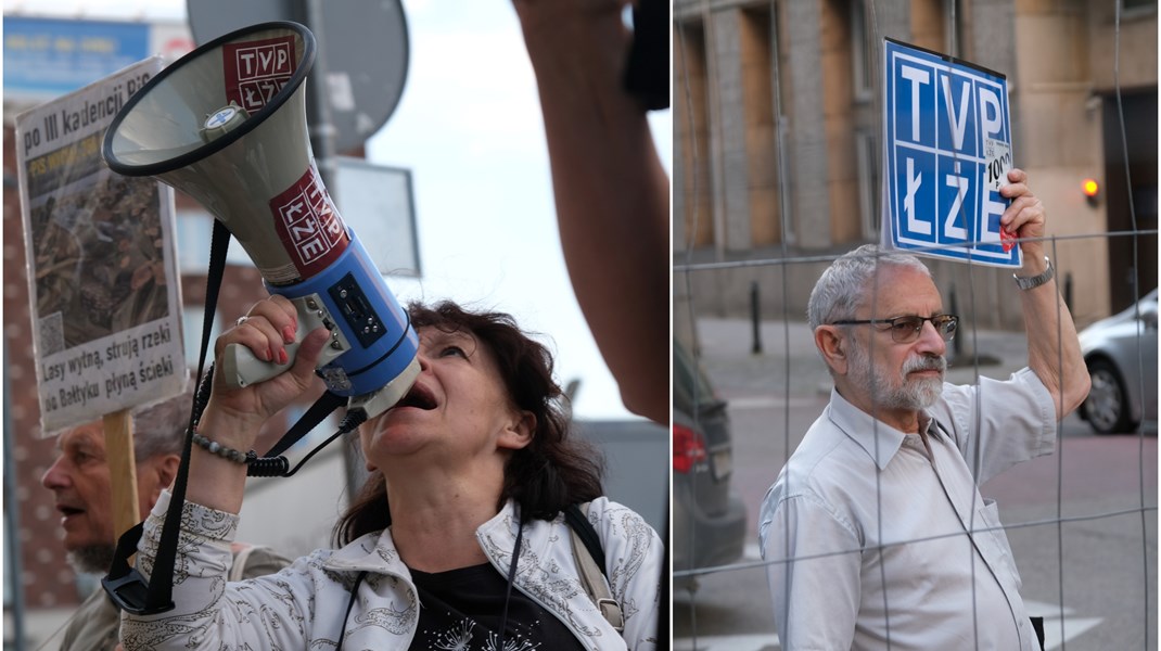 Demonstranter framför public service-kanalen Telewizja Polska (TVP). 