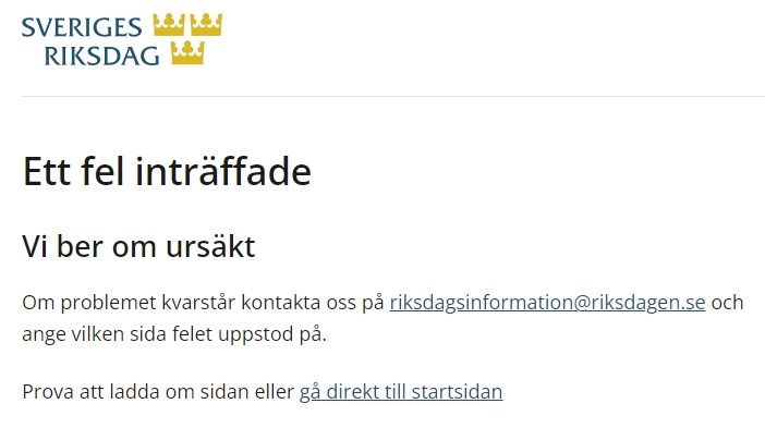 Felmeddelande på riksdagens hemsida.