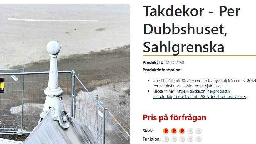 Takprydnader, element och en glasbro – sjukhusbyggnad säljs bit för bit