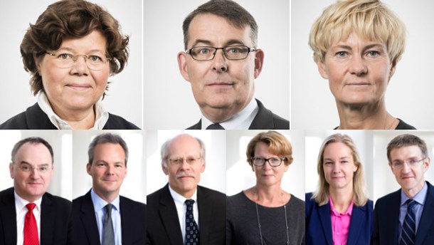 Avgående Margareta Åberg samt avgångna Ulf Bengtsson, Susanne Ackum, alla riksrevisorer. Nere: Henry Ohlsson, Per Jansson, Stefan Ingves, Kerstin af Jochnick, Cecilia Skingsley, Martin Flodén, riksbanksdirektionens ledamöter.