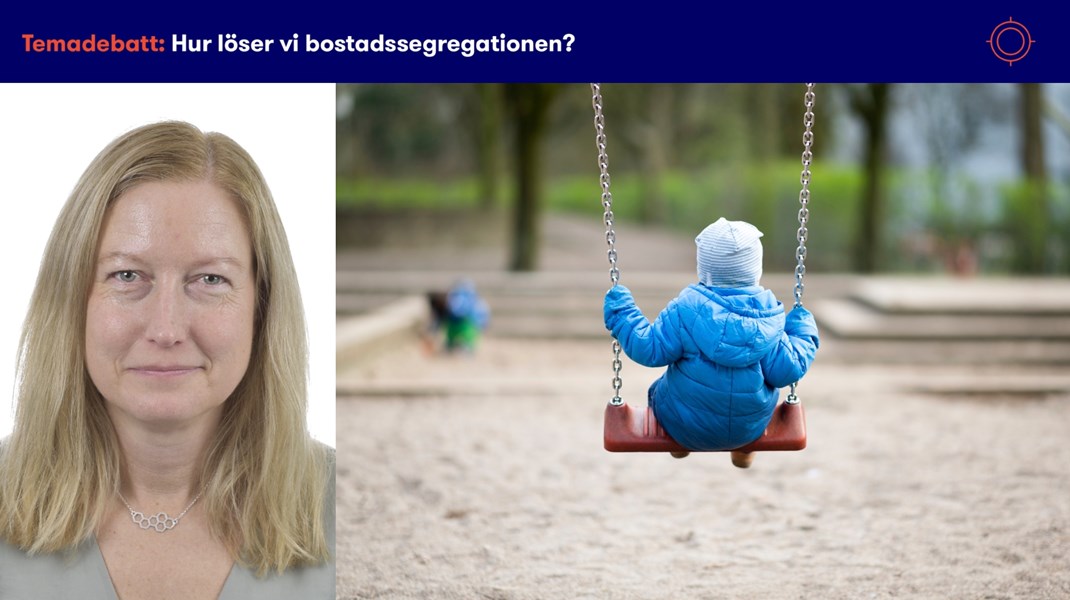 Katarina Luhr (MP), bostadspolitisk talesperson. Barn på gunga i ett bostadsområde. 